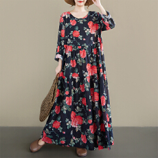 批发2026春秋季新款圆领长袖宽松大摆印花连衣裙 中老年妈妈装<b class='q'>孕妇</b><b class='q'>裙</b>