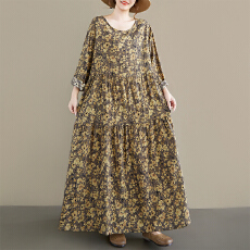 批发2026麻棉<b class='q'>孕妇</b><b class='q'>裙</b>圆领长袖宽松大摆印花连衣裙 中老年妈妈装外贸<b class='q'>裙</b>