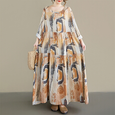 批发206春新复古休闲印花中老年圆领长袖宽松大摆外贸连衣裙<b class='q'>孕妇</b><b class='q'>裙</b>女