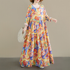 批发中老年妈妈装<b class='q'>民族</b>风2026春新品大码圆领长袖宽松麻棉外贸连衣裙女