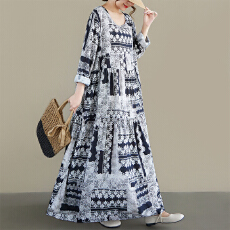 批发<b class='q'>中老年</b><b class='q'>妈妈</b>装民族风2026春新品大码圆领长袖宽松麻棉外贸连衣裙女