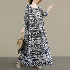 批发2026春新大码圆领长袖宽松麻棉中老年<b class='q'>孕妇装</b>妈妈装<b class='q'>民族</b>风连衣裙女