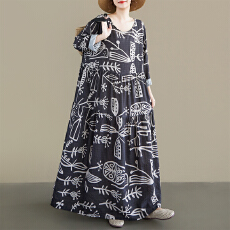 批发2026波西米亚休闲度假波点印花中老年圆领长袖宽松大摆外贸连衣裙