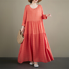 批发2026波西米亚休闲度假桔色圆领长袖宽松大摆麻棉孕妇装外贸连衣裙