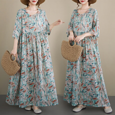 批发2026夏新大码圆领<b class='q'>短袖</b>宽松麻棉<b class='q'>中老年</b>孕妇装<b class='q'>妈妈</b>装民族风连衣裙女