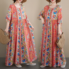 批发<b class='q'>中老年</b><b class='q'>妈妈</b>装民族风2026夏新品大码圆领<b class='q'>短袖</b>宽松麻棉外贸连衣裙女