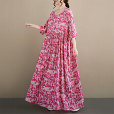 批发2026波西米亚休闲度假复古印花<b class='q'>中老年</b>圆领<b class='q'>短袖</b>宽松大摆外贸连衣裙