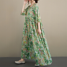 批发2026夏新品麻棉<b class='q'>中老年</b><b class='q'>妈妈</b>装连衣裙 圆领A字裙复古宽松大码长裙