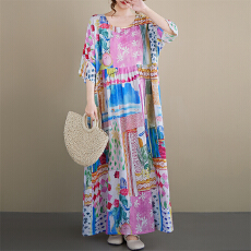 批发女士大码连衣裙2026夏新圆领<b class='q'>短袖</b>麻棉复古百褶<b class='q'>中老年</b><b class='q'>妈妈</b>装外贸裙