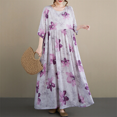 批发2026夏季新品麻棉<b class='q'>中老年</b><b class='q'>妈妈</b>装 圆领套头A字裙复古宽松大码连衣裙