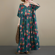 批发<b class='q'>中老年</b><b class='q'>妈妈</b>装民族风2026春新品大码圆领宽松麻棉外贸<b class='q'>短袖</b>连衣裙女