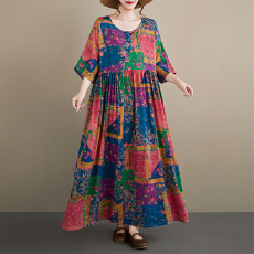批发2026波西米亚休闲度假复古印花<b class='q'>中老年</b>圆领<b class='q'>短袖</b>宽松大摆外贸连衣裙