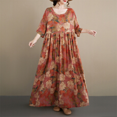批发2026波西米亚休闲度假复古印花<b class='q'>中老年</b>圆领<b class='q'>短袖</b>宽松大摆外贸连衣裙