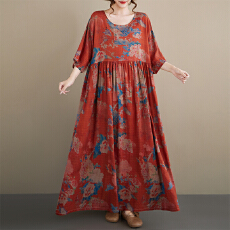 批发2026夏新圆领套头A字裙复古宽松大码麻棉<b class='q'>中老年</b><b class='q'>妈妈</b>装<b class='q'>短袖</b>连衣裙