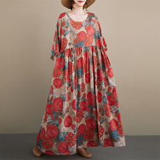 批发女士大码连衣裙2026夏新圆领<b class='q'>短袖</b>麻棉复古百褶<b class='q'>中老年</b><b class='q'>妈妈</b>装外贸裙