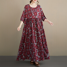 批发2026夏季新品圆领<b class='q'>短袖</b>宽松大摆裙大码波西米亚休闲度假波点连衣裙