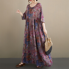 批发波西米亚休闲度假连衣裙2026夏季新品圆领<b class='q'>短袖</b>宽松大摆裙大码长裙