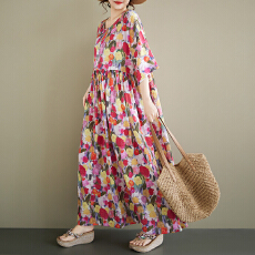 批发2026夏季新品文艺复古减龄宽松显瘦大码胖mm<b class='q'>中老年</b>外贸连衣裙女