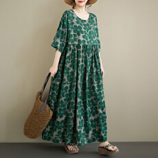 批发2026波西米亚休闲度假复古印花<b class='q'>中老年</b>圆领<b class='q'>短袖</b>宽松大摆外贸连衣裙