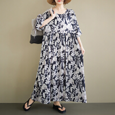 批发2026夏新品麻棉<b class='q'>中老年</b><b class='q'>妈妈</b>装连衣裙 圆领套头复古宽松<b class='q'>短袖</b>大码群