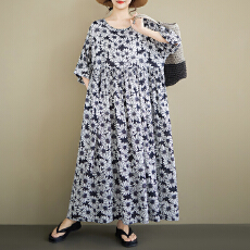 批发女士大码长裙2026夏季新品<b class='q'>中老年</b>复古减龄圆领<b class='q'>短袖</b>印花连衣裙女