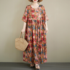 批发大码长裙2026夏季新品波西米亚<b class='q'>中老年</b>复古减龄圆领<b class='q'>短袖</b>印花连衣裙