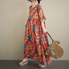 批发2026夏季新品波西米亚中老年复古减龄圆领<b class='q'>短袖</b>印花大码外贸连衣裙