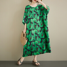 批发2026<b class='q'>夏季</b>大码女装绿色花朵文艺复古<b class='q'>妈妈装</b>圆领无袖宽松连衣裙女