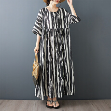 批发中老年民族风2026夏新品条纹大码圆领短袖宽松麻棉外贸<b class='q'>连衣裙</b>女