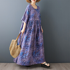 批发2026夏新品大码圆领短袖宽松麻棉外贸<b class='q'>连衣裙</b>女中老年妈妈装民族风