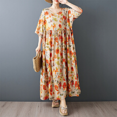 批发2026夏季新品麻棉<b class='q'>中老年</b><b class='q'>妈妈</b>装 圆领套头A字裙复古宽松大码连衣裙