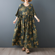 批发圆领套头A字裙2026夏季新品麻棉<b class='q'>中老年</b><b class='q'>妈妈</b>装 复古宽松大码连衣裙