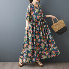 批发2026波西米亚休闲度假复古印花中老年圆领短袖宽松大摆<b class='q'>外贸</b><b class='q'>连衣裙</b>