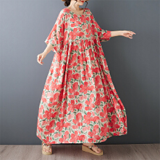 批发2026波西米亚休闲度假复古花朵中老年圆领短袖宽松大摆<b class='q'>外贸</b><b class='q'>连衣裙</b>