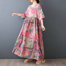 批发森女复古减龄大码2026夏新款织锦圆领短袖花色套头宽松连衣裙子女