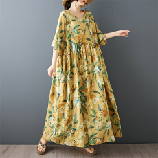 批发200斤<b class='q'>中老年</b>新品文艺复古减龄<b class='q'>妈妈</b>装特宽圆领套头麻棉连衣裙女 夏