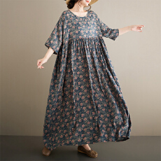 批发女士夏季棉织长裙2026新款圆领肩连袖宽松大摆型波西米亚<b class='q'>连衣裙</b>