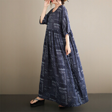 批发2026新款女士夏季棉织长裙圆领肩连袖宽松大摆型波西米亚<b class='q'>连衣裙</b>