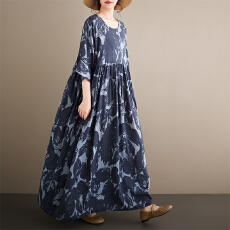 批发中老年妈妈装民族风2026夏新品大码圆领短袖宽松麻棉外贸<b class='q'>连衣裙</b>女