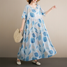 批发2026夏季新品麻棉中老年妈妈装 圆领套头A字裙<b class='q'>复古</b>宽松大码连衣裙