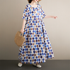 批发2026波西米亚休闲度假<b class='q'>复古</b>印花中老年圆领短袖宽松大摆外贸连衣裙