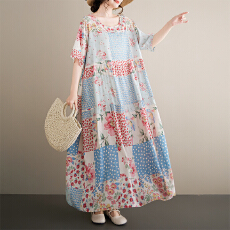 批发女士麻棉裙2026波西米亚度假<b class='q'>中老年</b>圆领短袖宽松大摆外贸连衣裙