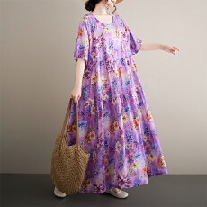 批发2026<b class='q'>中老年</b>圆领短袖宽松大摆连衣裙波西米亚休闲度假麻棉连衣裙