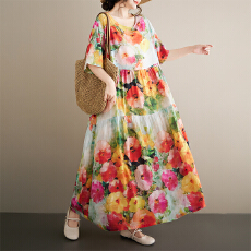 批发中老年<b class='q'>妈妈装</b>民族风2026<b class='q'>夏</b>新品大码圆领短袖宽松麻棉外贸连衣裙女