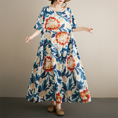批发2026波西米亚休闲度假<b class='q'>复古</b>印花中老年圆领短袖宽松大摆外贸连衣裙