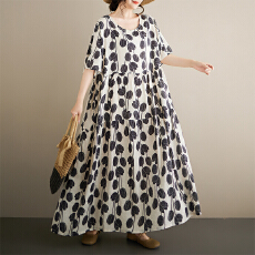 批发中老年<b class='q'>妈妈装</b>民族风2026<b class='q'>夏</b>新品大码圆领短袖宽松麻棉外贸连衣裙女