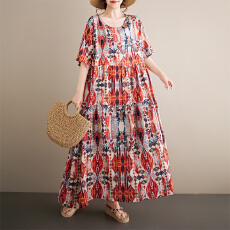 批发2026夏季新品麻棉中老年妈妈装 圆领套头A字裙<b class='q'>复古</b>宽松大码连衣裙