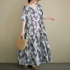 批发中老年<b class='q'>妈妈装</b>民族风2026<b class='q'>夏</b>新品大码圆领短袖宽松麻棉外贸连衣裙女