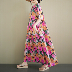 批发中老年<b class='q'>妈妈装</b>民族风2026春新品大码圆领长袖宽松麻棉外贸连衣裙女