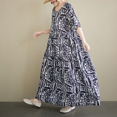 批发中老年<b class='q'>妈妈装</b>民族风2026<b class='q'>夏</b>新品大码圆领短袖宽松麻棉外贸连衣裙女